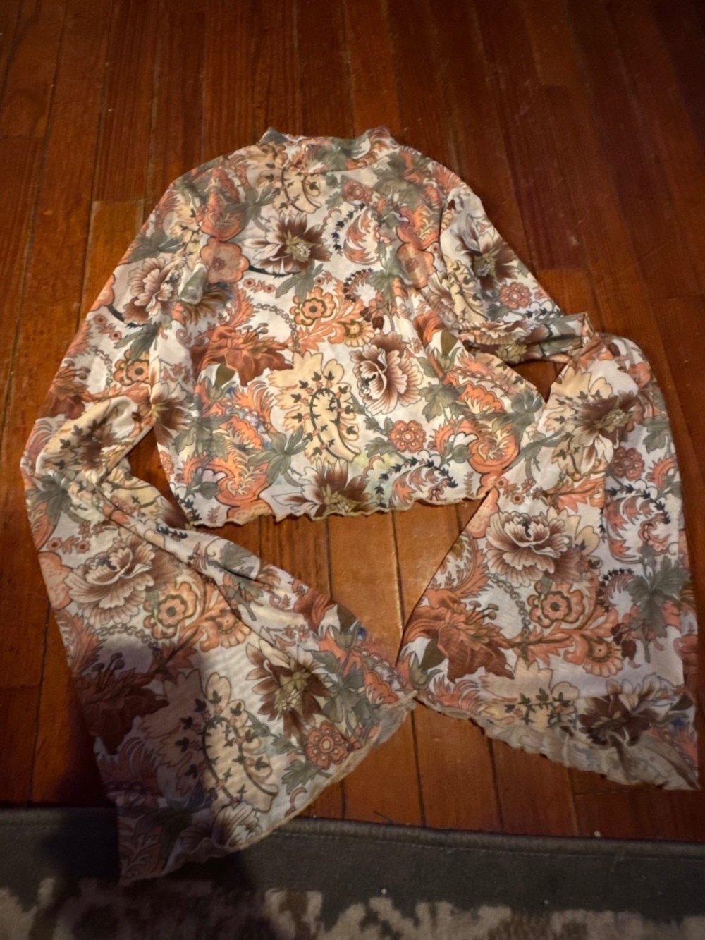 Floral Long-Sleeve mesh Crop Top in Cream and Rust